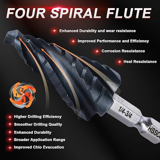 M35 Cobalt Step Drill Bit,Four Spiral Flute Step Drill Bit 1/4"-3/4" （9 Sizes ） Wear-Resistant TiAlN Coated,1/4" Hex Shank Drill for Metal, Stainless Steel, Aluminum, Plastic
