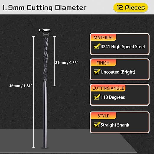 Drill Bit, 1.9mm Cutting Diameter, 4241 HSS Nitriding Black 118° Cutting Angle Versatile Jobber Bits - (Applications: for Drilling Plastic Wood Soft Metal), 12-Pieces