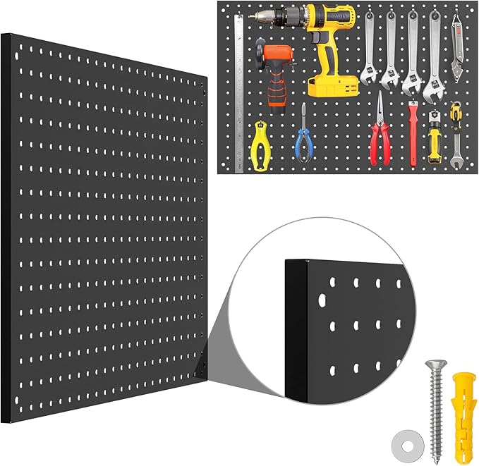 Peg Board, 2 Pack Metal Pegboard Panels Black Pegboards Wall Organizer with Frame Large Heavy Duty Peg Board with Hooks for Walls Home,Garage Tool Storage,Office Organization,Kitchen 24”×16”