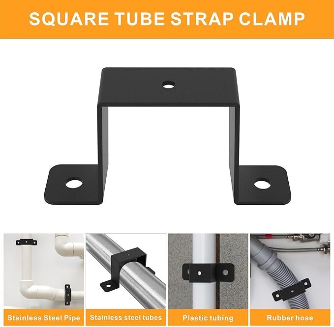 4Pcs Square Pipe Clamp, Black Strap Post Ties Brackets, U Shaped Connector Bracket, Wood Deck Fence Post Tie for Water Pipes, Balcony Railing, Stairs Railing
