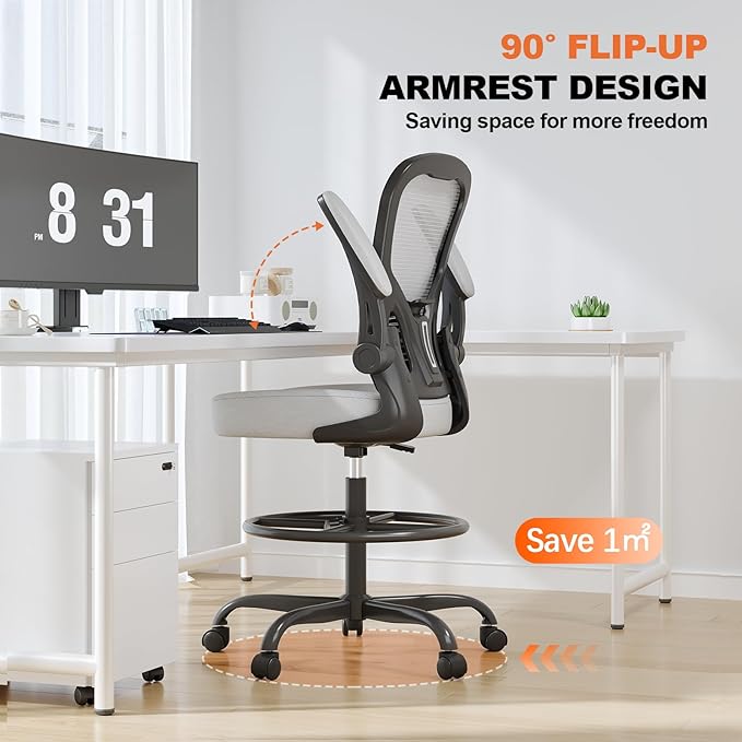 Synorla Ergonomic Drafting Chair, Tall Office Chair with Flip-up Armrests, Breathable Mesh High Desk Chair with Lumbar Support Adjustable Footrest Ring for Standing Desk, Home Office Studio