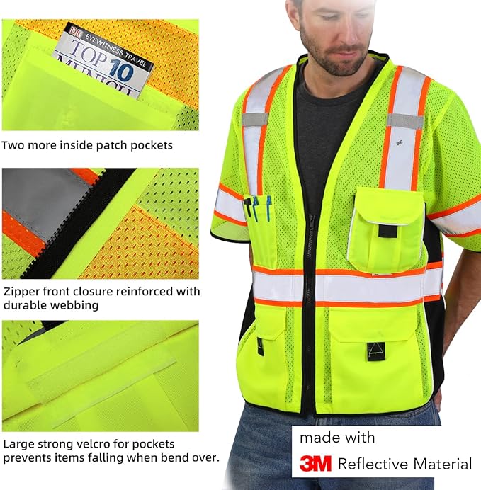 Dib Safety Reflective Mesh Vest ANSI Class 3, High Visibility with Pockets and Zipper, Made with 3M Reflective Tape, Yellow M