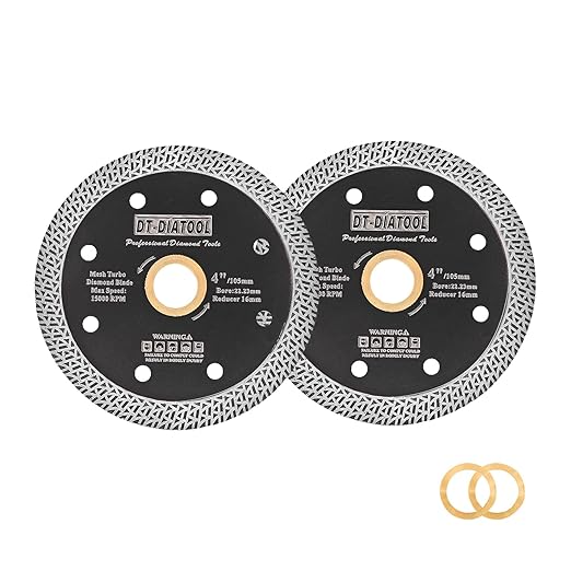 DT-DIATOOL Diamond Granite Blade 4 Inch for Marble Porcelain Tile Ceramic Diamond Cutting Disc with Mesh Turbo Diamond Segments Pack of 2