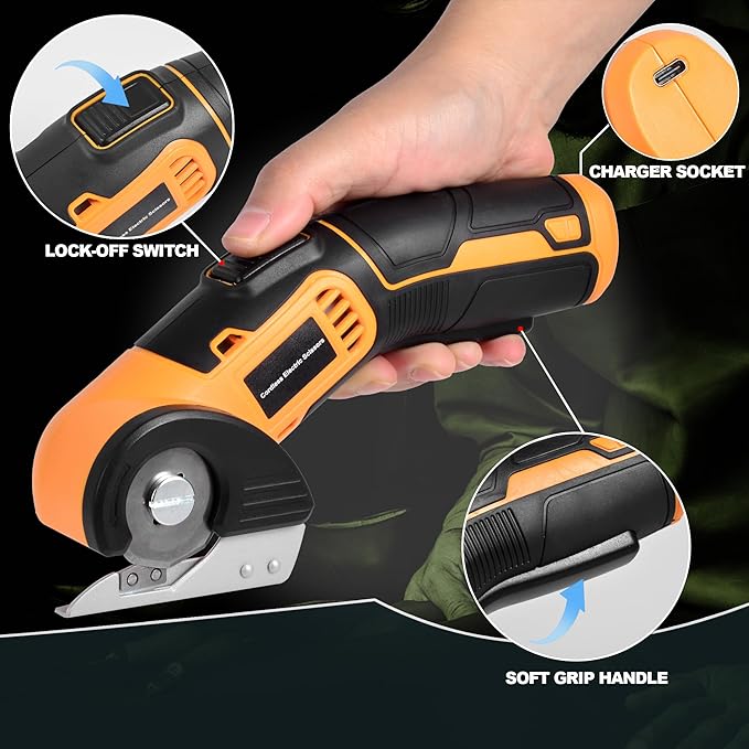 jomeda Cordless Electric Scissors, 4 V Rechargeable Rotary Cutter with Rechargeable LED Light, Safety Lock for Cutting Fabric, Cardboard, Leather, Carpet and PVC Boxes，Yellow