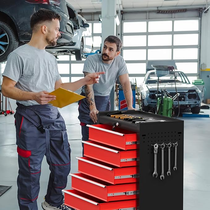 Rolling Tool Chest with Drawers, 5 Drawers Tool Chests & Cabinets, Metal Toolbox with Wheels, Lockable Storage Cabinet, Garage Tool Box with Drawers (BlackRed, 5 Drawers)
