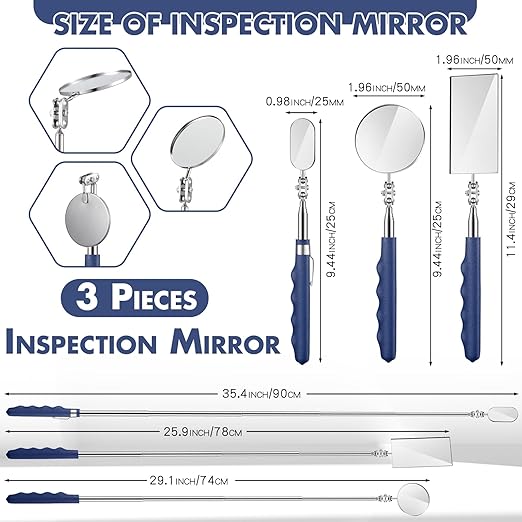 3 Pieces Telescoping Inspection Mirror Stainless Steel Extendable Mechanic Mirror with Long Handle Tool for Technicians Mechanics Contractors(50/50/25 mm,Square,Round,Oval)