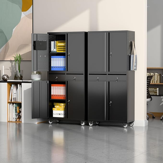 71" Metal Garage Storage Cabinet with 8 Hooks and Pegboards,2 Drawer Rolling Tool Storage with Locking Doors and Adjustable Shelves,Heavy Duty Steel Tool Cabinet for Garage, Warehouse