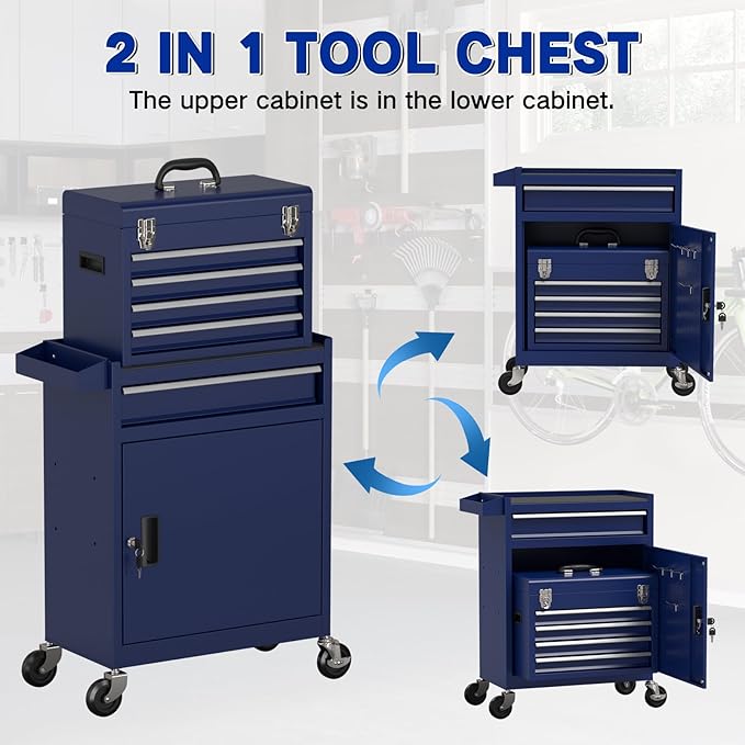 5 Drawer Tools Chest, Tool Cabinet with Universal Lockable Wheels，Tool Box with Detachable Top Box for Workshop (Darkblue)