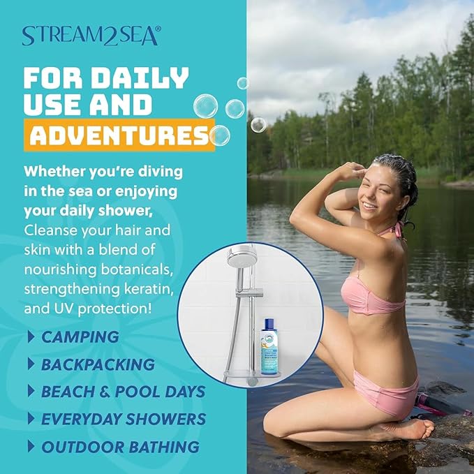 STREAM 2 SEA 3 in 1 Shampoo Body Wash and Conditioner, Reef Safe, All Natural and Organic Camping Shampoo and Liquid Soap, Skin and Hair Care for Men and Women, Sulfate and Paraben Free, 32 oz