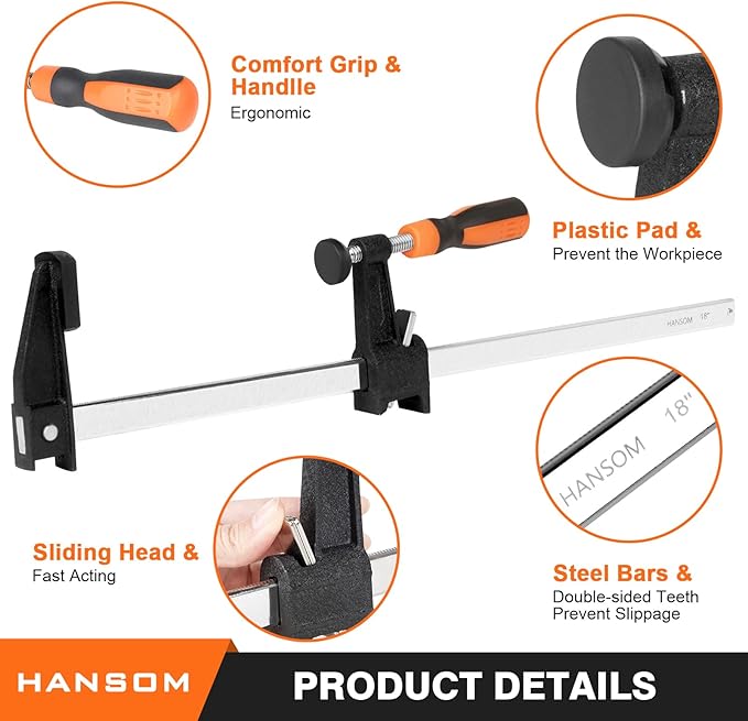 4-Pack 18 inch Long Bar Clamps, Heavy Duty, Force 600 Lbs, Adjustable and Quick Release, Woodworking Clamps, Throat Depth 2.5 inch with Plastic Handle