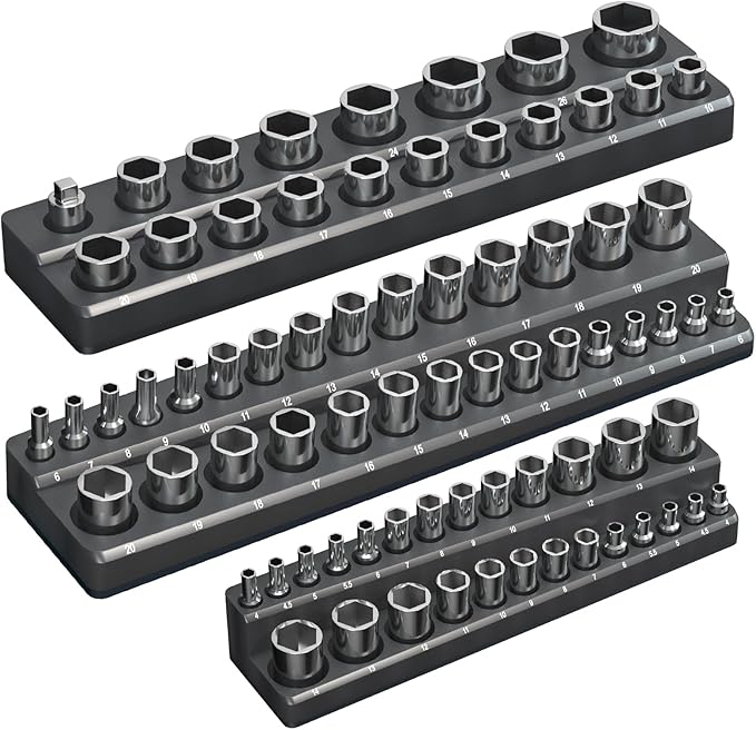 Magnetic Socket Organizer Holder Set – 3-Piece Tool Organizers Including 1/4", 3/8" and 1/2" Drive Socket Holder Metric 68 Pieces Socket Trays (Sockets are not Included)