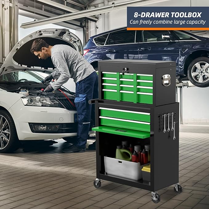 8-Drawer High Capacity Rolling Tool Chest with Wheels, Big Tool Storage Removable Tool Box Combo, Tool Storage Cabinet with Lockable Drawers, Toolbox for Workshop (Black&Green)