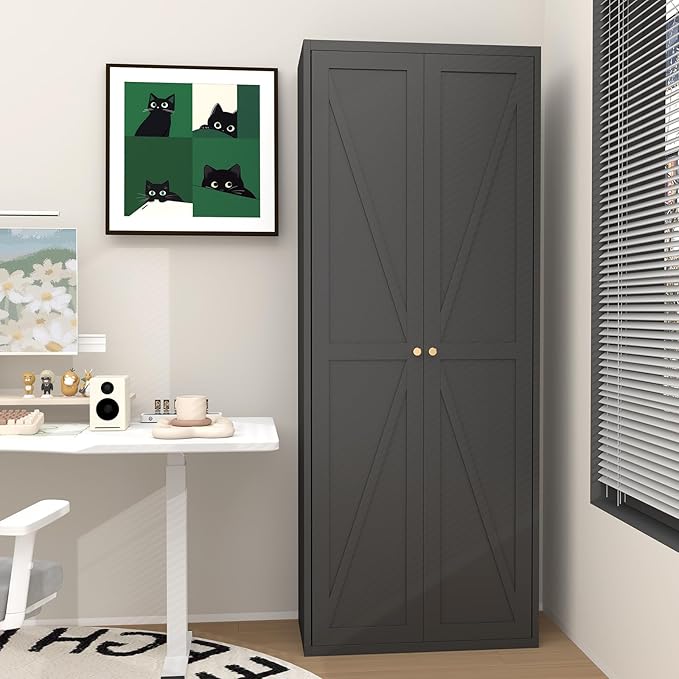 GREATMEET 71" Tall Storage Cabinet, Farmhouse Food Pantry Cabinet, Black Metal Kitchen Cupboard with Doors for Garage, Dining Room, Living Room and Laundry
