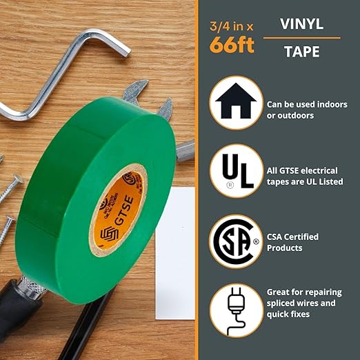 GTSE Green Electrical Tape, 10 Rolls – Waterproof, Industrial Grade Vinyl, 3/4 in x 66ft– Strong Self-Adhesive PVC Electric Tape for Wire Insulation, 7 Mil, 600V – UL/CSA Listed