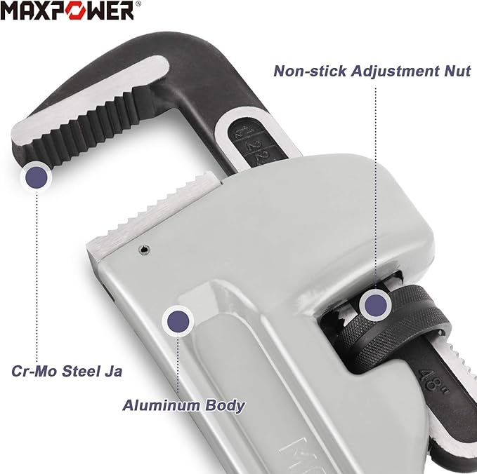 MAXPOWER 48-inch Pipe Wrench, Heavy Duty Large Straight Plumbing Wrench Smooth Jaw Aluminum Pipe Wrench