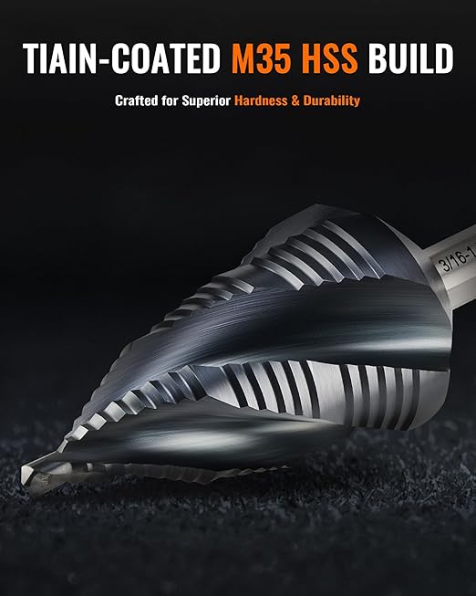ZELCAN 19 Sizes M35 Cobalt Step Drill Bit, 3/16" to 1-3/8" Four Spiral Flute Drill Bit for Metal, Titanium-Coated HSS Step Bit with 2/5" Tri-Flat Shank for Stainless Steel Aluminum Copper Wood Plastic