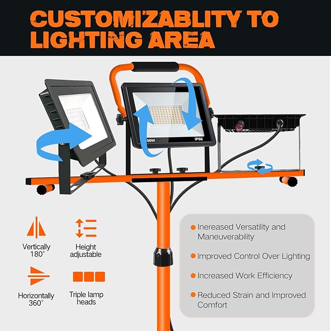 21000 Lumen Work Lights with Stand, 3 Adjustable Head LED Work Light, with Adjustable and Foldable Tripod Stand, Waterproof Lamp with Individual Switch with 6500 Kelvin Color Temperature