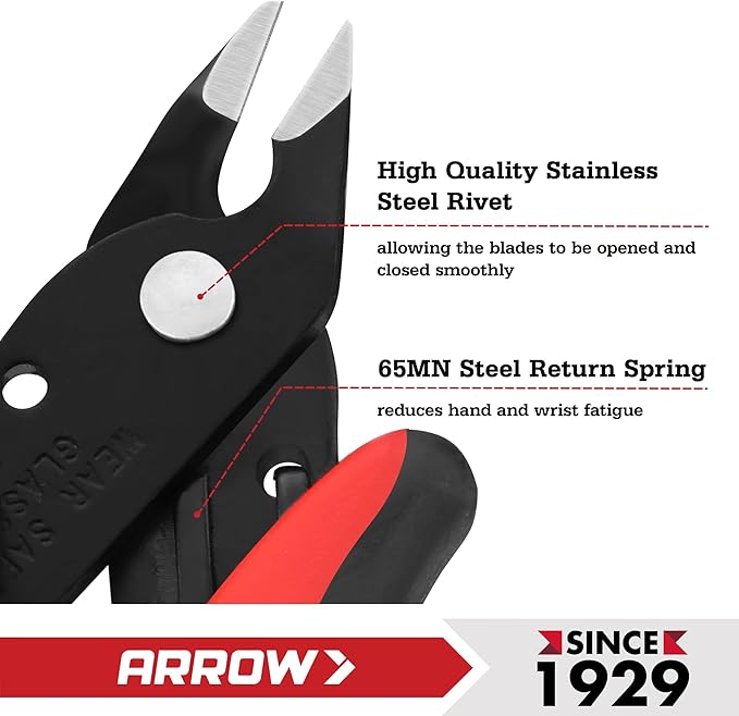 ARROW Micro Wire Cutters, 5" Precision Flush Cutters with Streamlined Handle and Ultra-Sharp Cutting Edge, Side & Diagonal Flush Cut Pliers for Electronics, Jewelry, Crafts, Zip Ties and Soft Wires