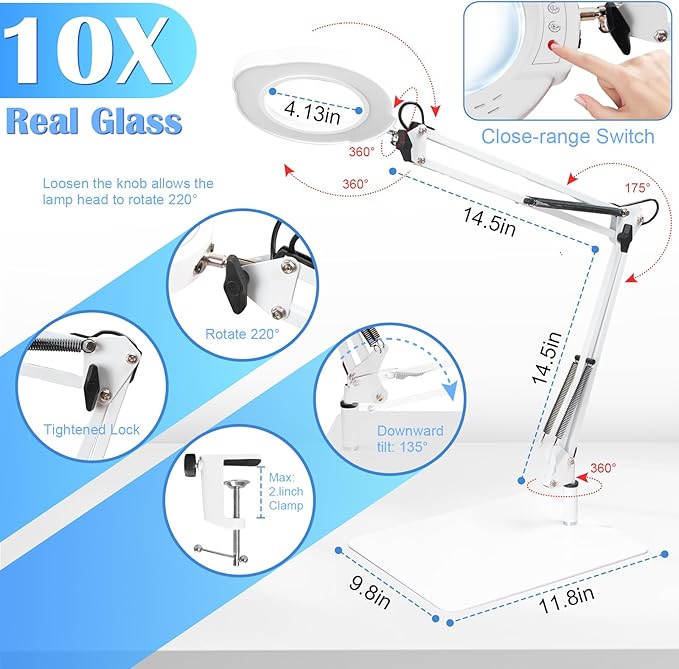 2-in-1 Desk Lamp & Clamp Light, 10X Magnifying Glass with Light and Stand, 5 Color Modes 10 Brightness Dimmable LED Desk Lamp,14.5inch Adjustable Swing Arm for Reading Crafts Painting Close (White)
