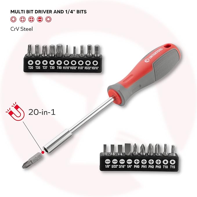 INTERTOOL Screwdriver & Precision Driver Tool Set with Magnetic tips and Bits - Phillips, Flat Head, Torx, Hex - Cr-V Steel with Cushion Grip Handles VT08-3329