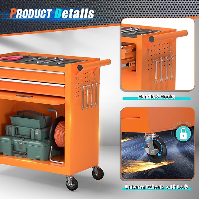 8-Drawer Rolling Tool Chest with Wheels, 2-in-1 Detachable Tool Box with Drawers and Large Cabinet, Rolling Tool Chest Storage Cabinet with Lockable for Warehouse, Garage, Workshop (Orange)