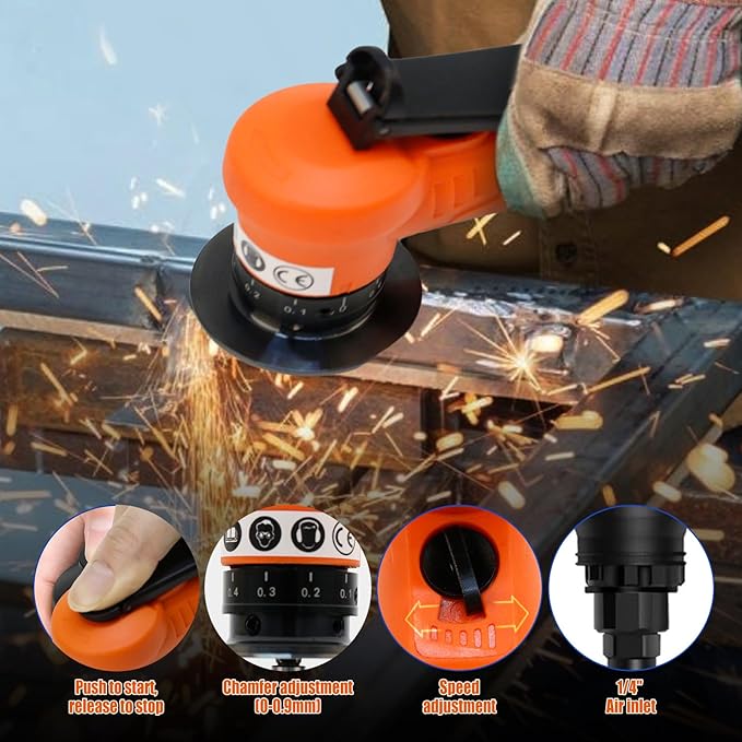 Pneumatic Chamfering Tool, Mini Chamfering Deburring Tool For Metal Beveling Machine Pneumatic Edge Beveler for Metal Trimming, Arc Corner Deburring Linear Beveling Trimming (Orange)