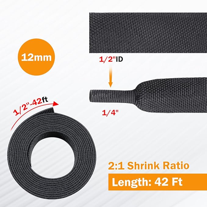 2:1 Ratio Flat Heat Shrinkable Braided Sleeving,Electrical Insulating Tubing,Durable Automotive Fabric Harness Shrinking Sheath (1/2"-42ft)