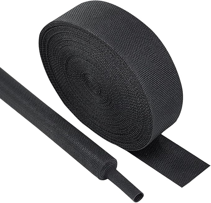 Black 2:1 Ratio Automotive Heat Shrink Braided Sleeving,Wear-Resistant Flat Woven Shrinkable Sleeve Fabric Car Cable Wires Hoses Protection (1"-19ft)