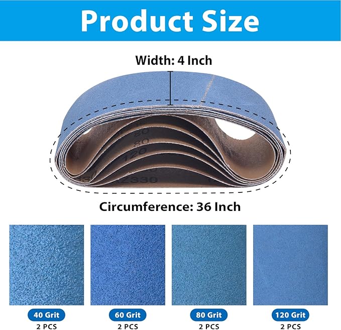 4 x 36 Sanding Belts, 4x36 Inch Zirconia Sanding Belts, 2 Each of 40/60/80/120 Grits Sander Belts Assortment for Belt Sander, Metal Polishing, 8 Pack