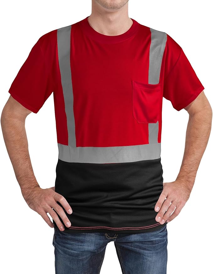 High Visibility Shirts Quick Dry Safety T Shirts with Reflective Strips and Pocket Short Sleeve Mesh Hi Vis Construction Work Class 2 Shirt for Men/Women Black Bottom Red,Small