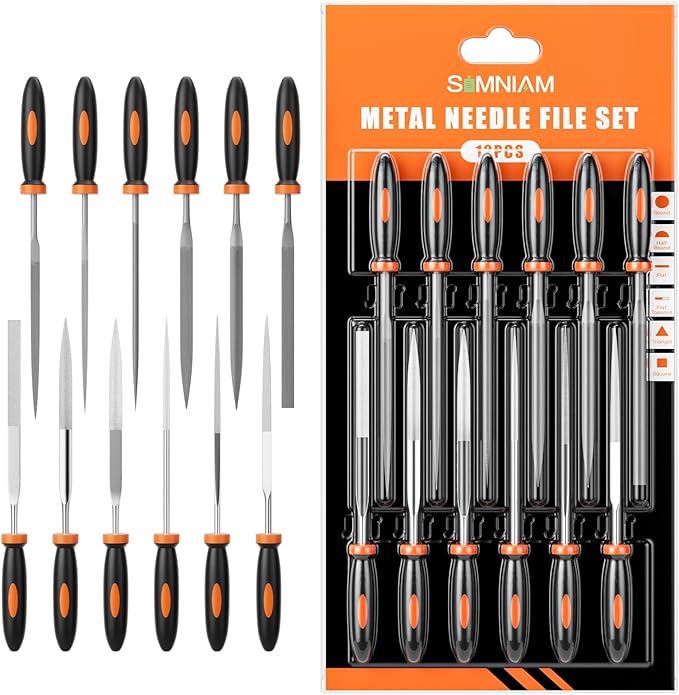 Simniam 12Pcs Metal File Set, Premium Grade T12 Drop Forged Alloy Steel, Mini File Set Contains 6Pcs Diamond Needle Files, 6 Pcs Carbon Steel Needle Files, Perfect for Sanding Wood, Metal & DIY