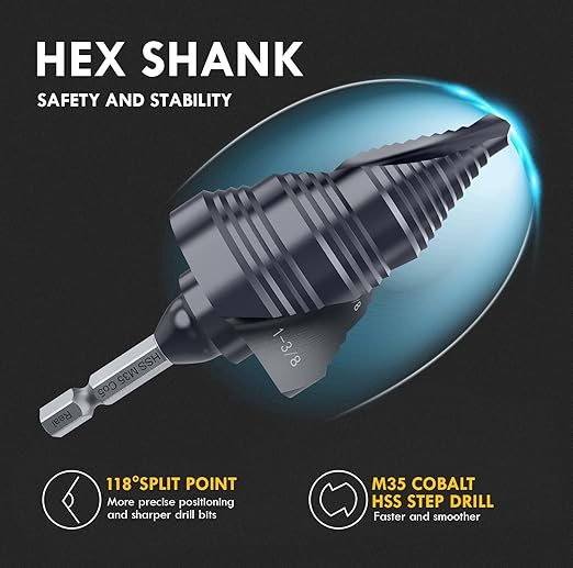 UPGRADE M35 Cobalt Step Drill Bit with Ultra TiAIN Coating, 1/4" - 1-3/8" Unibit Step Bit with Double Sprial Flute, 1/4" Hex Shank Drill Bit for Metal, Stainless Steel, Aluminum, Copper, Wood