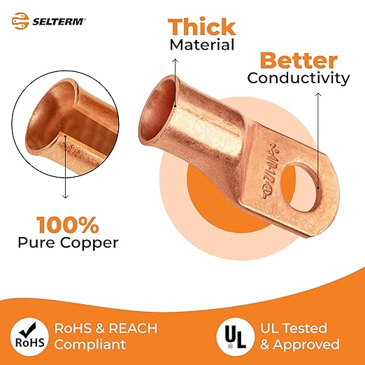 SELTERM 2pcs 4/0 AWG 1/2" Stud Copper Wire Lugs, Ring Terminals, Battery Cable Ends, 0000 Gauge Ring Terminal Connectors, UL Heavy Duty Bare Copper Eyelets Battery Terminal Connectors