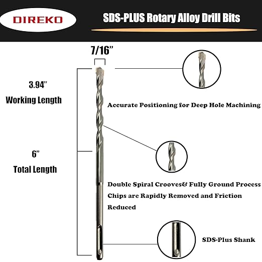 Generic Direko 10 Piece Carbide-Tipped SDS-Plus Rotary Hammer Drill Bit Set Length 6"",Twist Drill 7/16"",for Masonry，Concrete,Brick Granite etc.