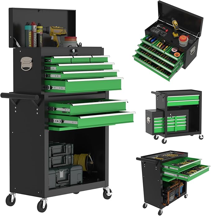 8-Drawers Large Tool Chest, 2-in-1 Detachable Garage Rolling Tool Box Metal Tool Storage Cabinet Removable Lockable Tool Cart with Wheels and Drawers