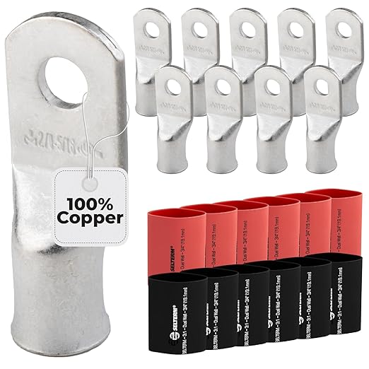 SELTERM 10pcs - 2/0 Awg - 5/16" Stud - Battery Lugs - Ring Terminal Connectors with 12pcs 3:1 Black & Red Heat Shrink Tubing with Adhesive | Heavy Duty Battery Cable Ends - Tinned Copper Wire Lugs Kit