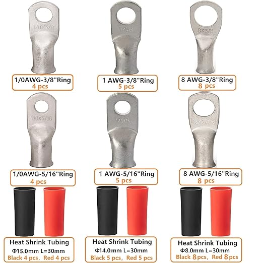 68pcs Battery Cable Ends 1/0 AWG 1 AWG 8 AWG Tinned Copper Lugs Crimp Battery Cable Lugs Heavy Duty Wire Ends Crimp Ring Terminal Lugs Closed End Tubular BatteryTerminals with Heat Shrink Tube