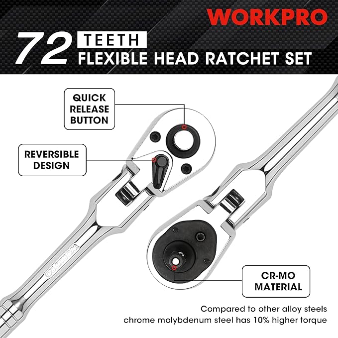 WORKPRO 2-Piece Flex Head Ratchet Set, 1/4", 3/8" Drive, 72-Tooth Ratchet with Chromium Plating Quick Release Reversible Design, 5 Degree Swing