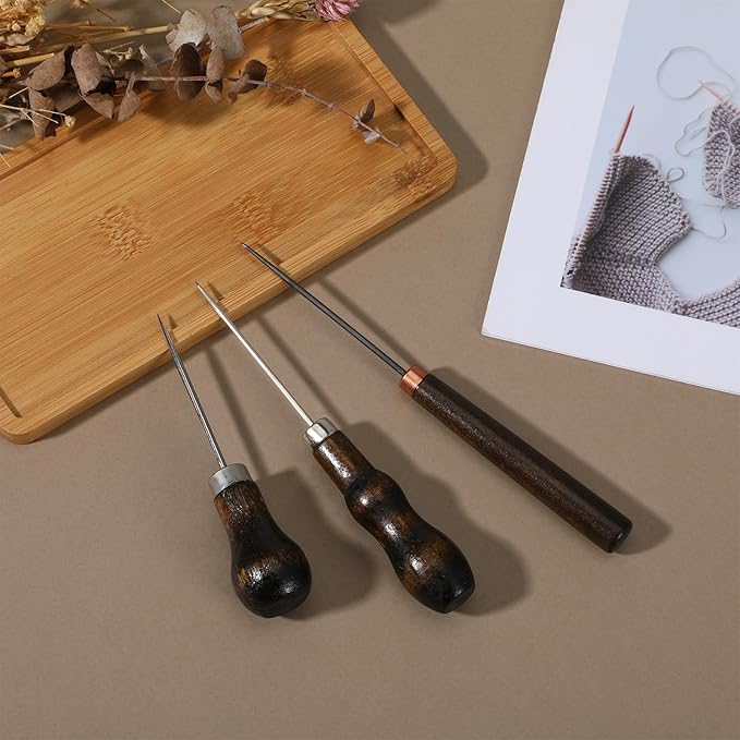 Ptwola 3 Pcs Scratch Awl Tool Gourd Shape Handle Leather Awl Punch Tool Wooden Punch Hole Craft Maker Tool Repair Shoes Sewing Stitching Supplies for Tailors Crochet DIY Cloth Stitch Bookbinding