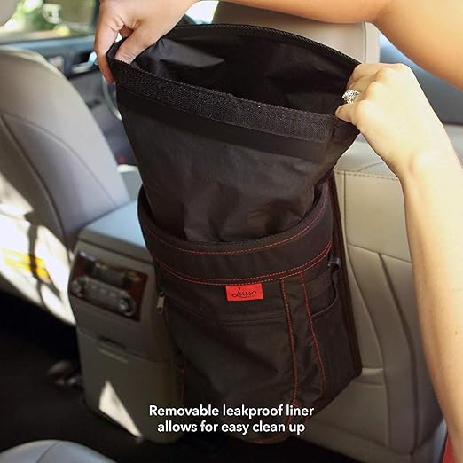 Lusso Gear Spill-Proof Car Trash Can - 2.5-Gallon Black Round - Leak-Proof Lid & Waterproof Removable Liner - Hanging Car Trash Bin & Organizer for SUV, Truck & Minivan