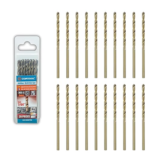7/64 inch Cobalt Drill Bits (20Pcs), M35 HSS Metal Jobber Length Twist Drill Bit Set for Hard Metal, Stainless Steel, Iron, Copper, Aluminium, Brass, Plastic & Wood