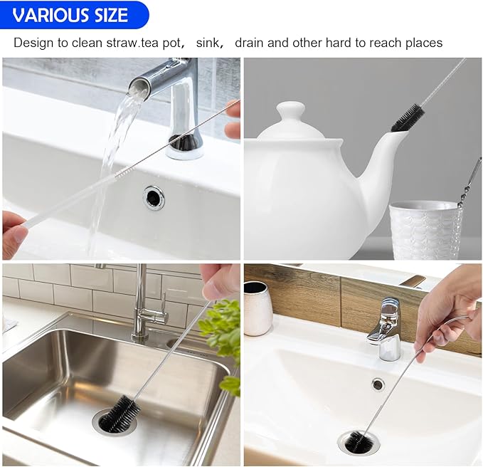 12pcs Flexible Drain Brush 78 Inch Pipe Cleaning Brush 63 Inch Drain Cleaner Brush 59 Inch Hose Brush and 3 Pcs 9 Inch Straw Cleaner Brush for Straws Kitchen Sink Plumbing Shower Drain Tube (Black)