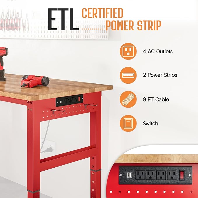 SPECRAFT 84" Red Adjustable Heavy Duty Workbench with 4 AC Outlet and 2 USB Ports Power Outlets, 5000 Lbs Capacity, Rubber Wood Top for Garage, Workshop, Office