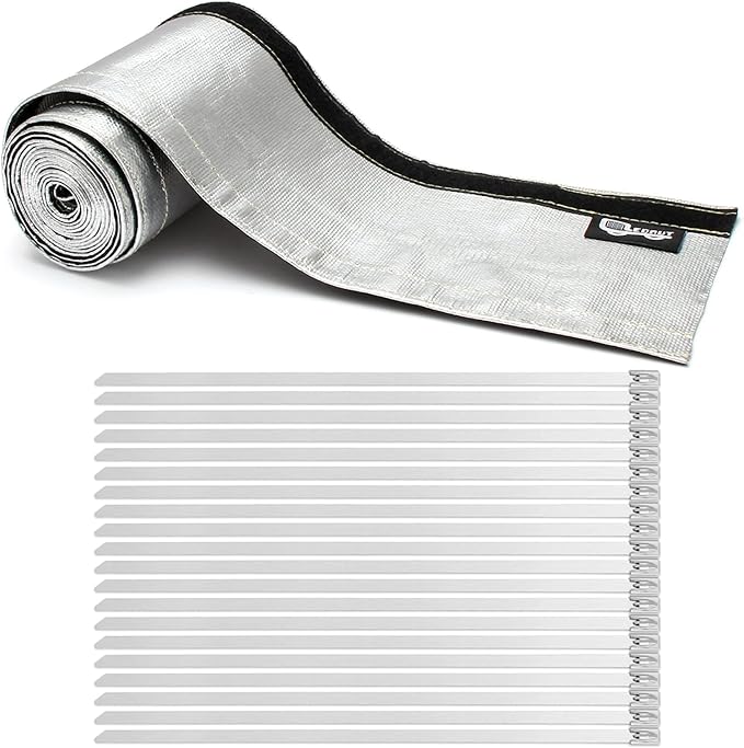 Heat Shroud Aluminized Sleeving Heat Shield fuel line wire heat sleeve 1-1/4''I.D. x 10FT with 20 Pcs 7.8Inch Stainless Steel Cable Metal Zip Ties