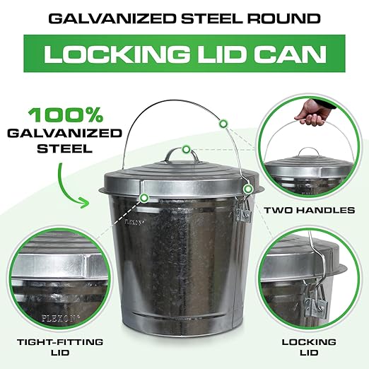 Plexon Metal Trash Can with Locking Lid Outdoor Storage Bucket for Bird Seed Ash Galvanized Steel 10-Gallon 6 Pack
