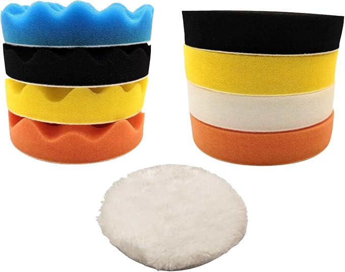 10Pcs 3Inch Face Backing Plate Compound Buffing Polishing Sponge Pads Waffle Foam Buffing Polishing Pads Kit with Woolen Cutting Pad and 3Inch Backing Plate M10 Drill Adapter