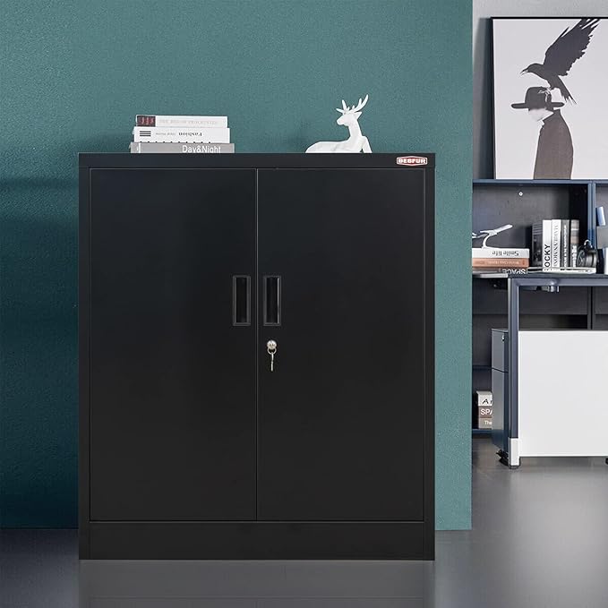 BESFUR Metal Storage Cabinet 36" H, Black Steel Locking Cabinet with 2 Lockable Doors and 2 Adjustable Shelves for Home Office, Garage, School, Apartment, Warehouse