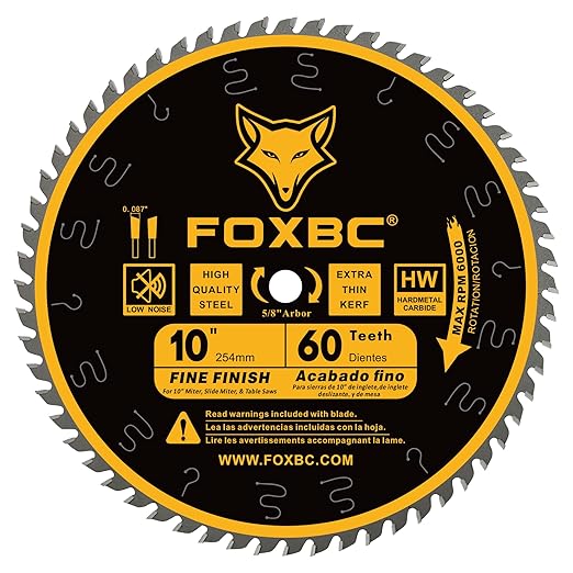 FOXBC 10 Inch Thin Kerf Fine Finish Crosscut Table Saw Blade, 60-Tooth ATB, with 5/8-Inch Arbor