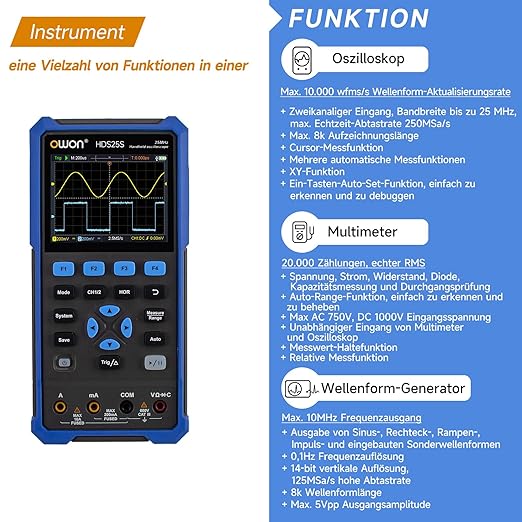 OWON Handheld Oscilloscope, Digital Multi Functional Oscilloscope Multimeters,20000 Counts Portable 3 in 1 Universal Test Instrument, with 3.5 inch LCD Screen Display 2CH 25Mhz Bandwidth HDS25S