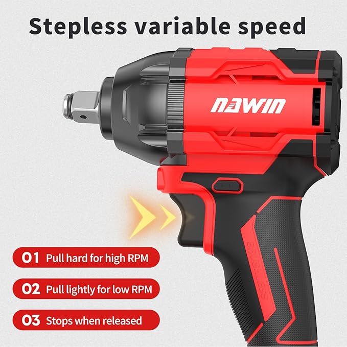 NAWIN Cordless Impact Wrench, 258Ft-lbs & 350Nm Power Impact Socket Set, 1/2 inch, Multi-Speed Adjustment, Led Light, 20V Impact Wrench with 1×4.0Ah Battery, Fast Charger